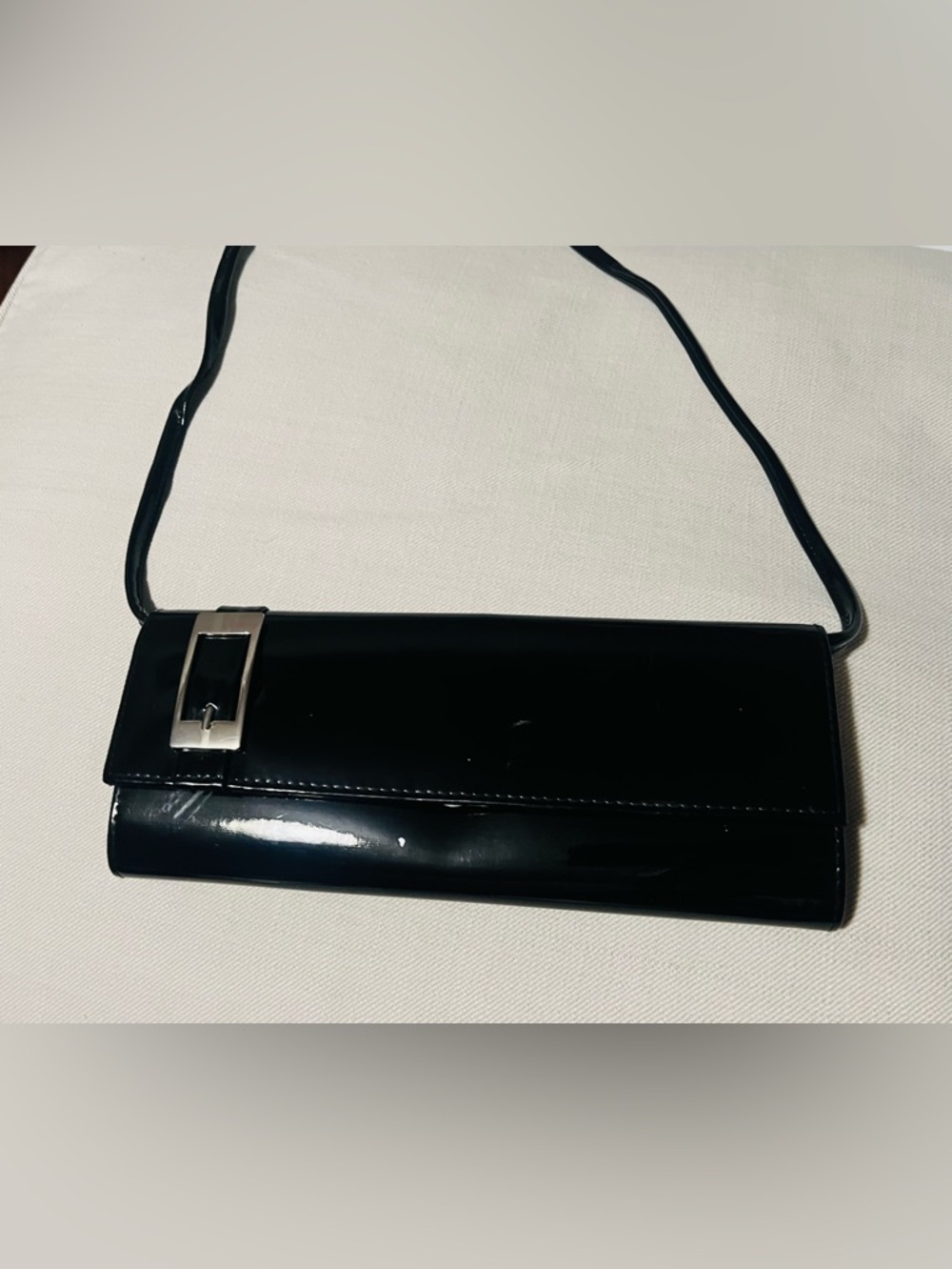Vintage La Regale Black Sleek Patent Leather Clutch/Crossbody with Silver Buckle